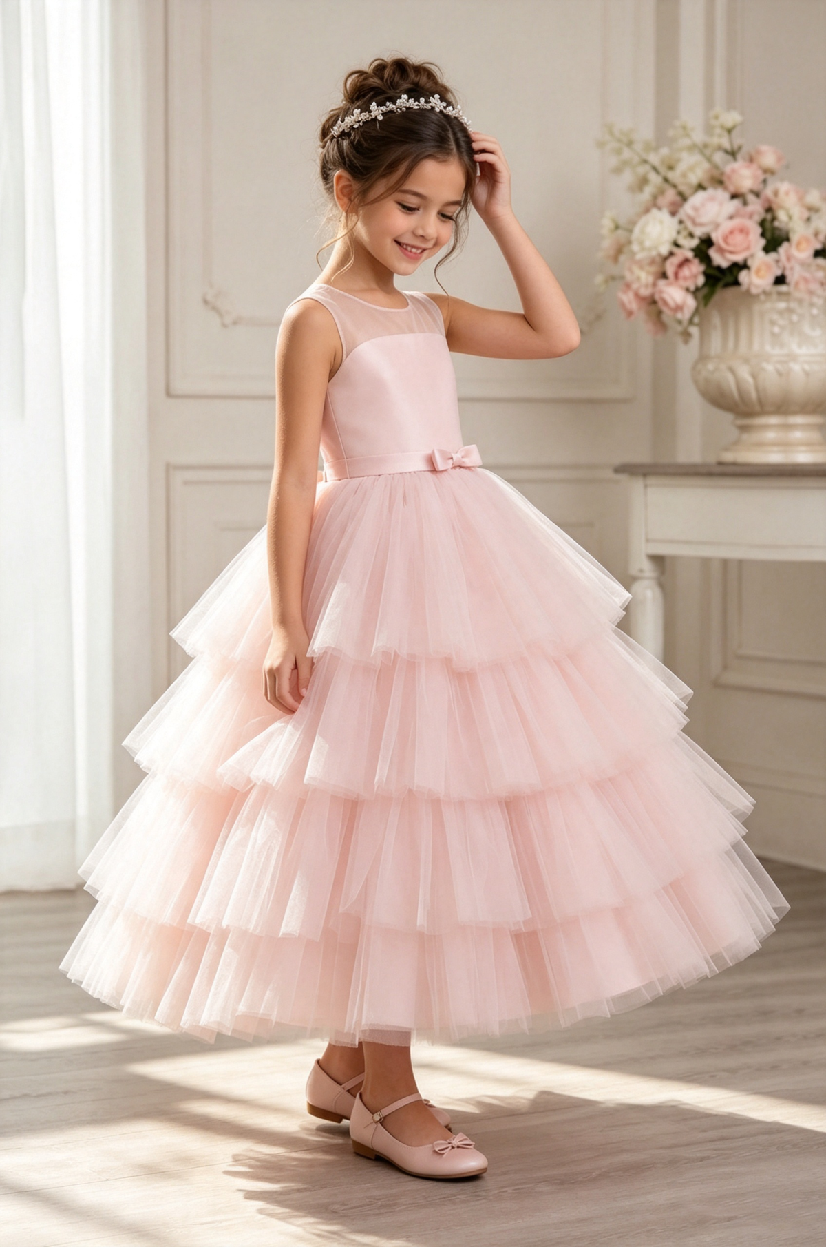 Pink Satin Tulle Tiered Cake Waist Bow Flower Girl Dress