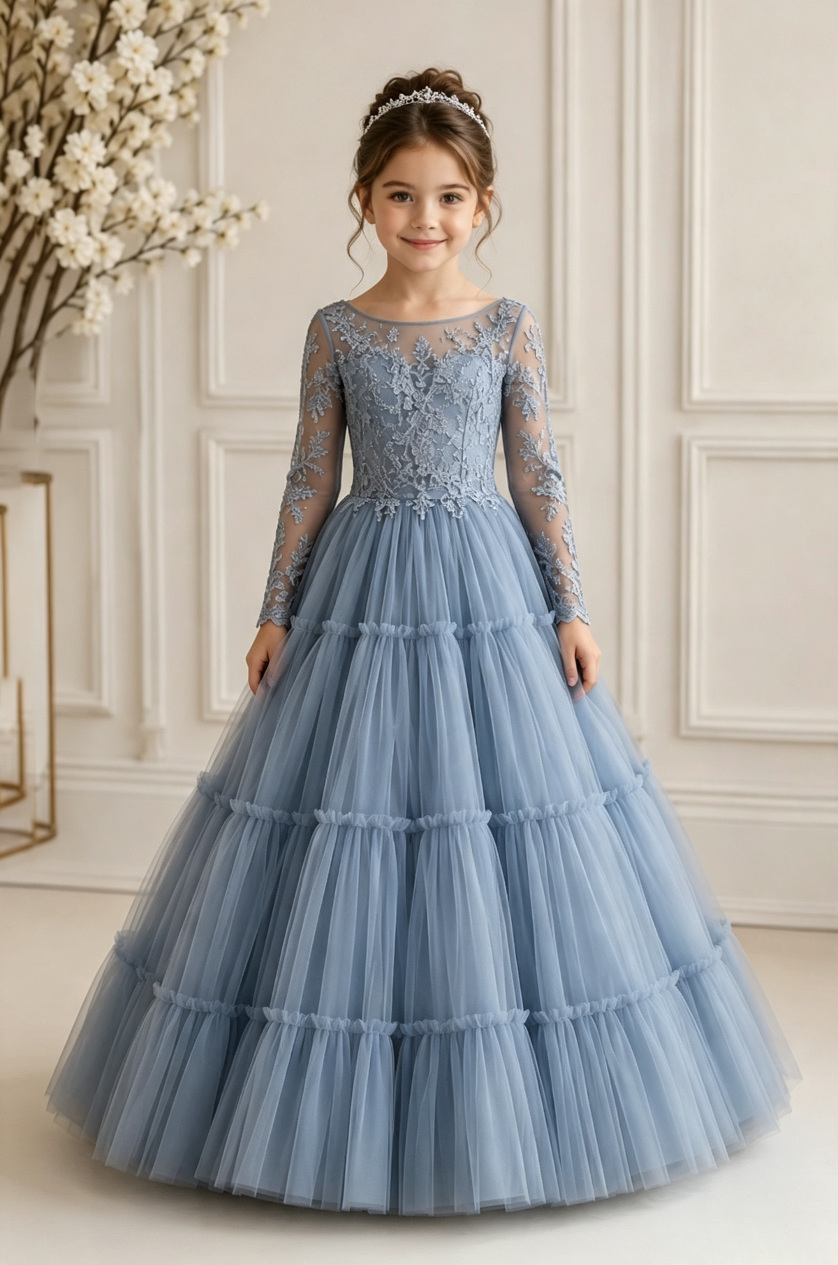 Dusty Blue Grey Long Sleeve Lace Tiered Tulle Flower Girl Dress