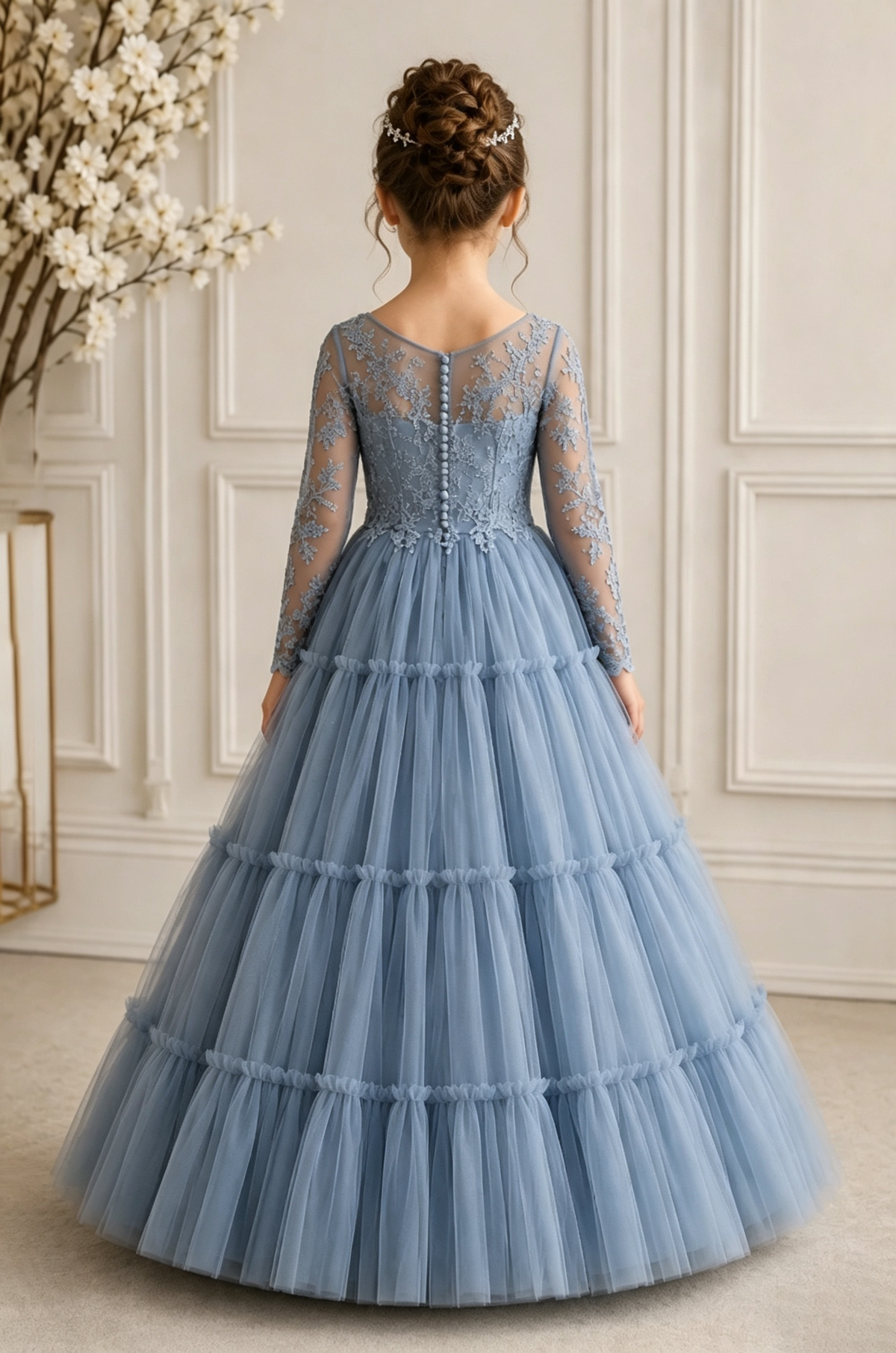 Dusty Blue Grey Long Sleeve Lace Tiered Tulle Flower Girl Dress