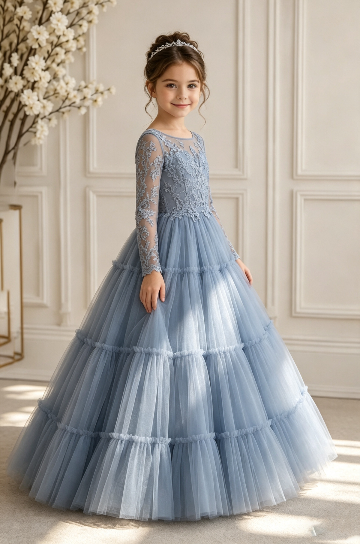 Dusty Blue Grey Long Sleeve Lace Tiered Tulle Flower Girl Dress