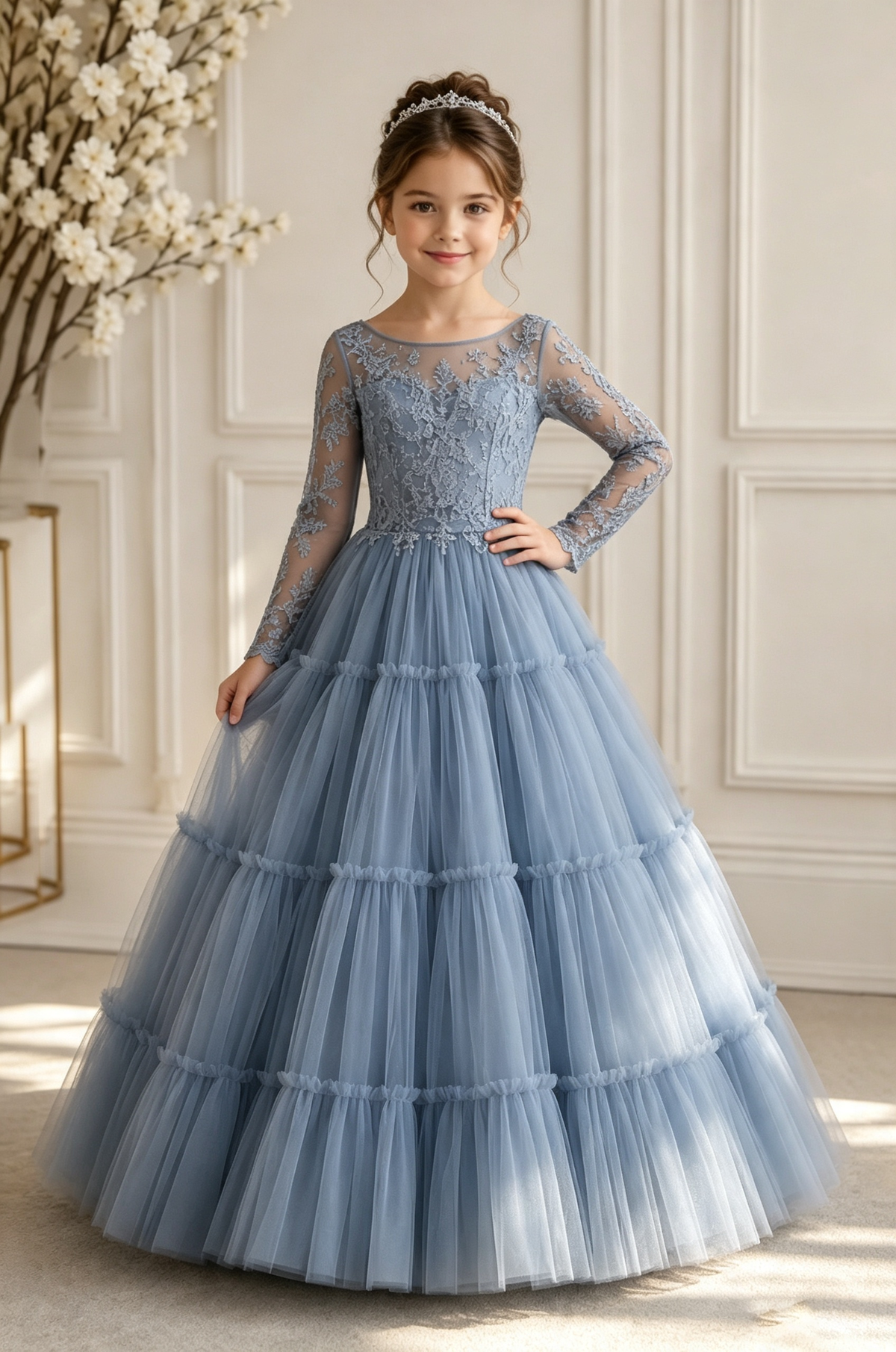 Dusty Blue Grey Long Sleeve Lace Tiered Tulle Flower Girl Dress