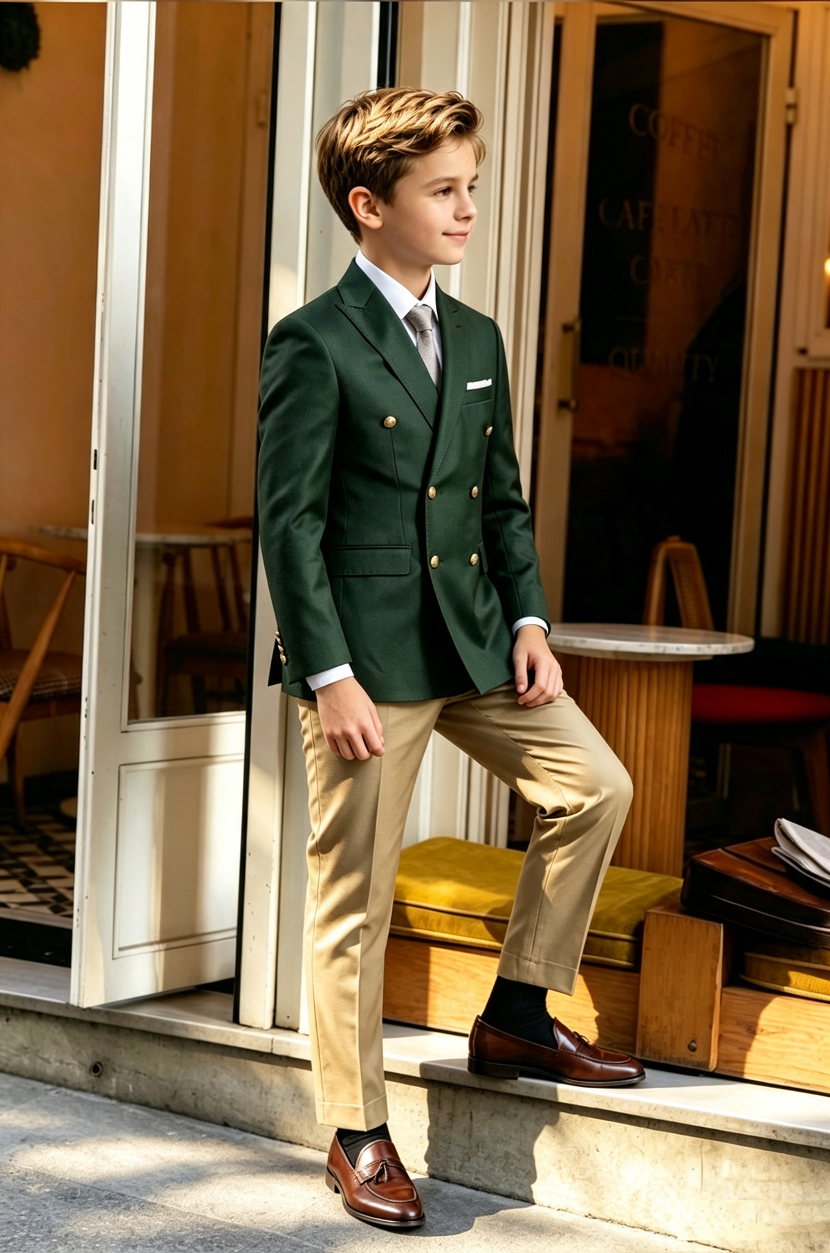 Forest Green & Khaki Trousers Double Breasted Serge-Blend 2-Piece Suit