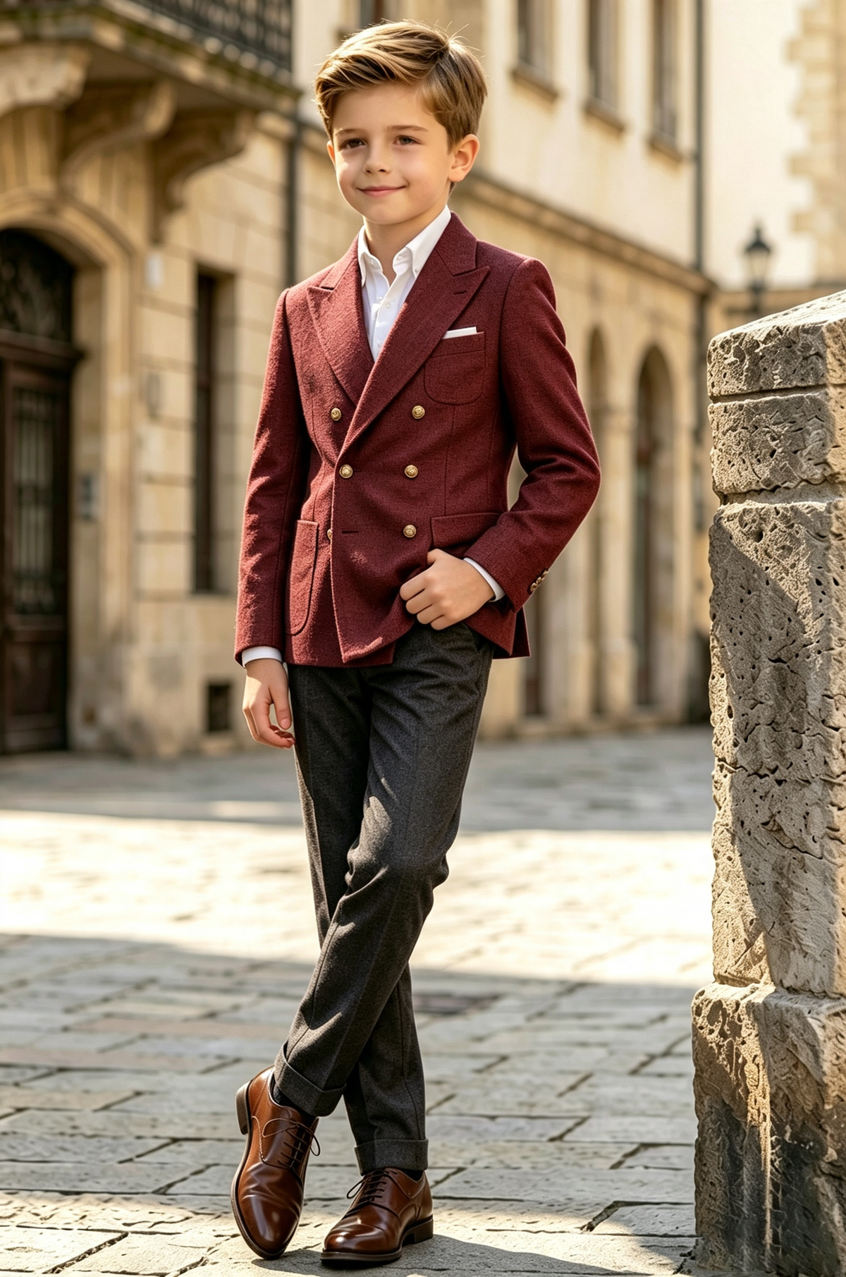 Burgundy & Dark Grey Double Breasted Herringbone Wool-Blend 2-Piece Suit
