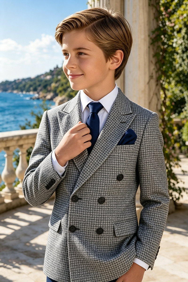Boys Grey Check & Navy Trousers 2-Piece Suit for Weddings