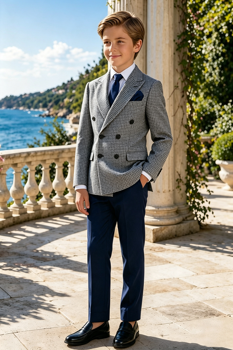 Boys Grey Check & Navy Trousers 2-Piece Suit for Weddings