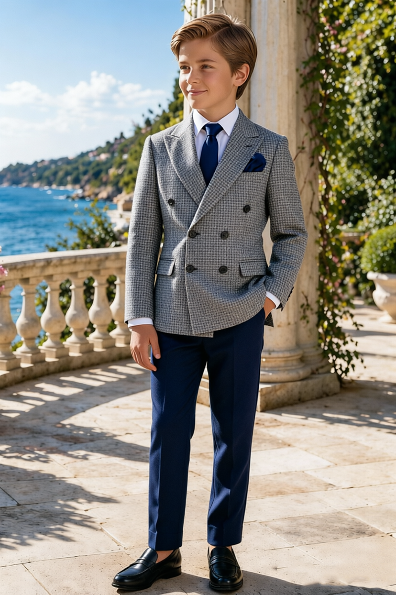 Boys Grey Check & Navy Trousers 2-Piece Suit for Weddings
