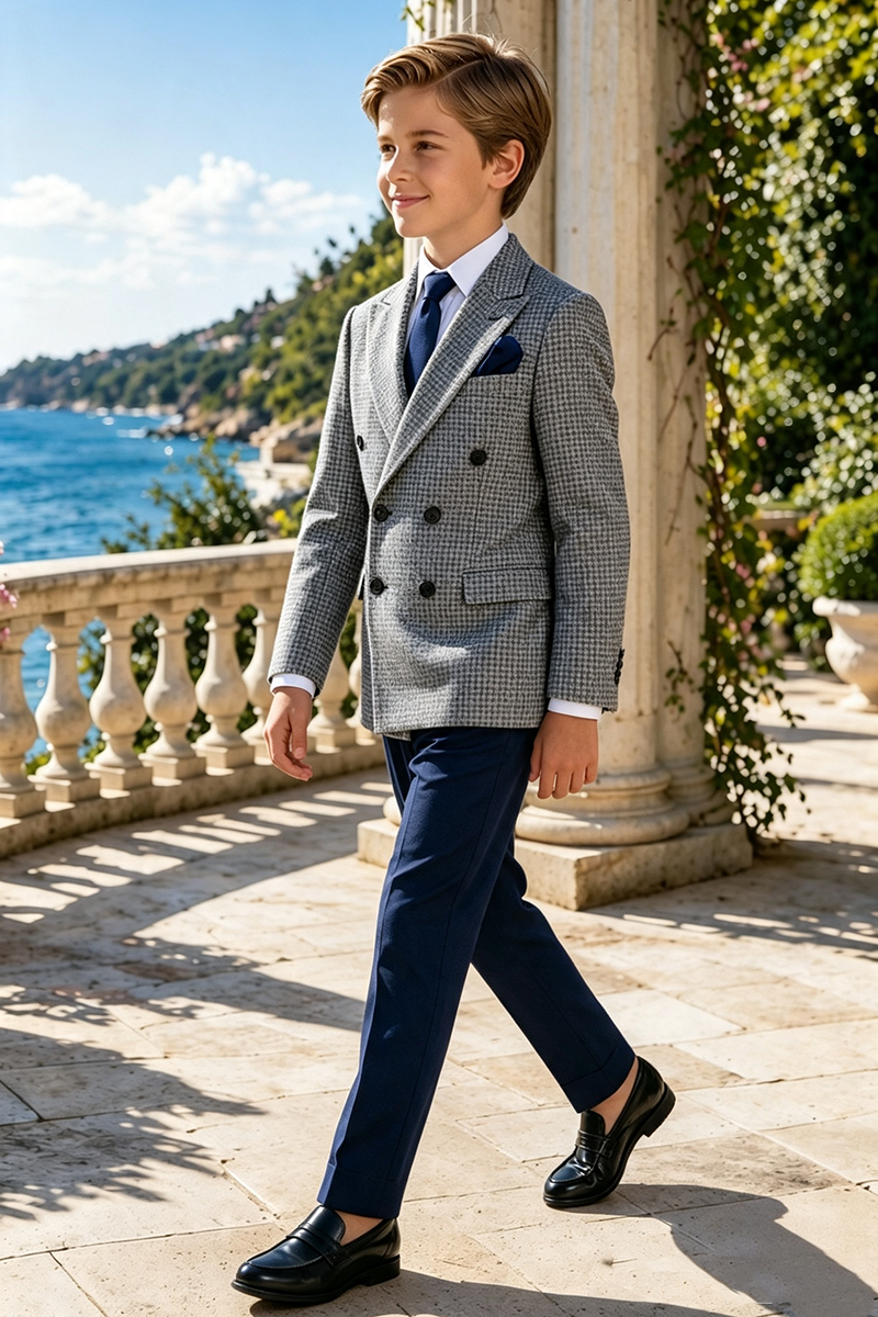 Boys Grey Check & Navy Trousers 2-Piece Suit for Weddings