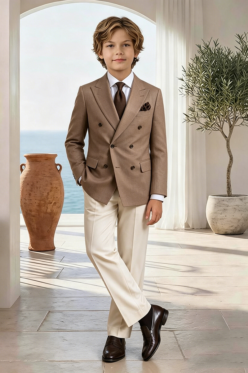 Boys Camel Blazer & White Trousers 2-Piece Suit for Weddings