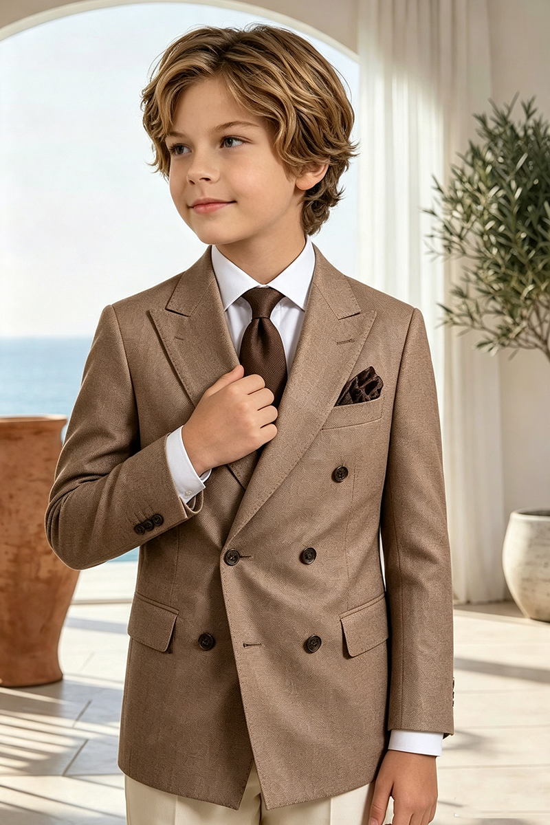Boys Camel Blazer & White Trousers 2-Piece Suit for Weddings