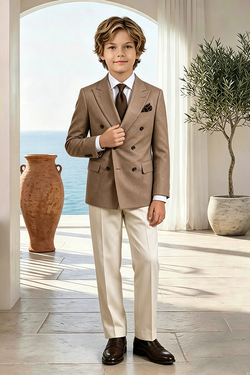 Boys Camel Blazer & White Trousers 2-Piece Suit for Weddings