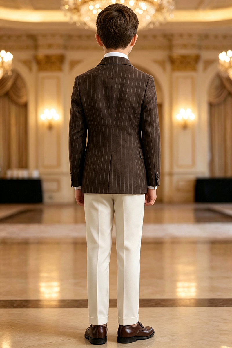 Boys Brown Pinstripe Blazer & White Trousers 2-Piece Suit for Weddings