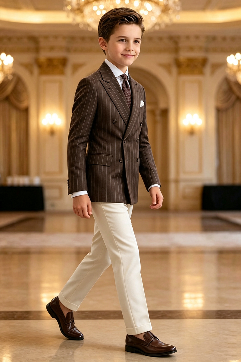 Boys Brown Pinstripe Blazer & White Trousers 2-Piece Suit for Weddings