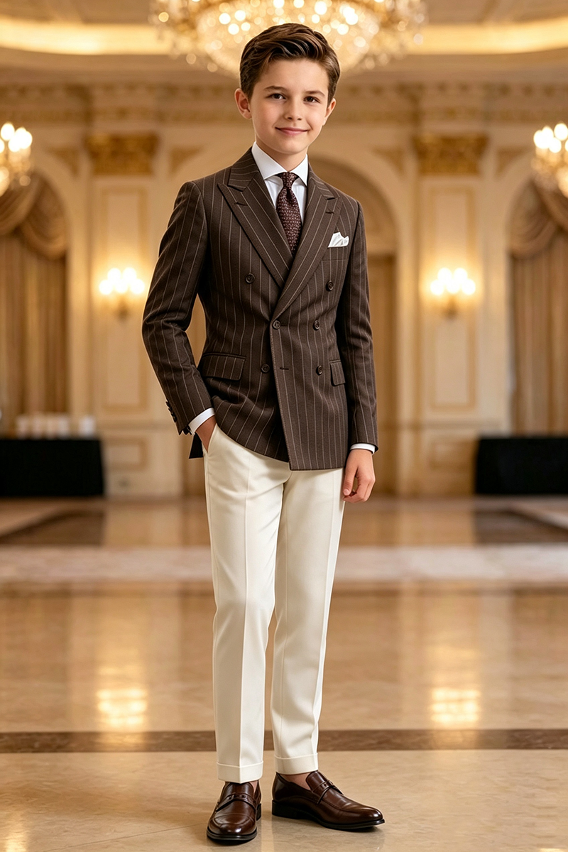 Boys Brown Pinstripe Blazer & White Trousers 2-Piece Suit for Weddings