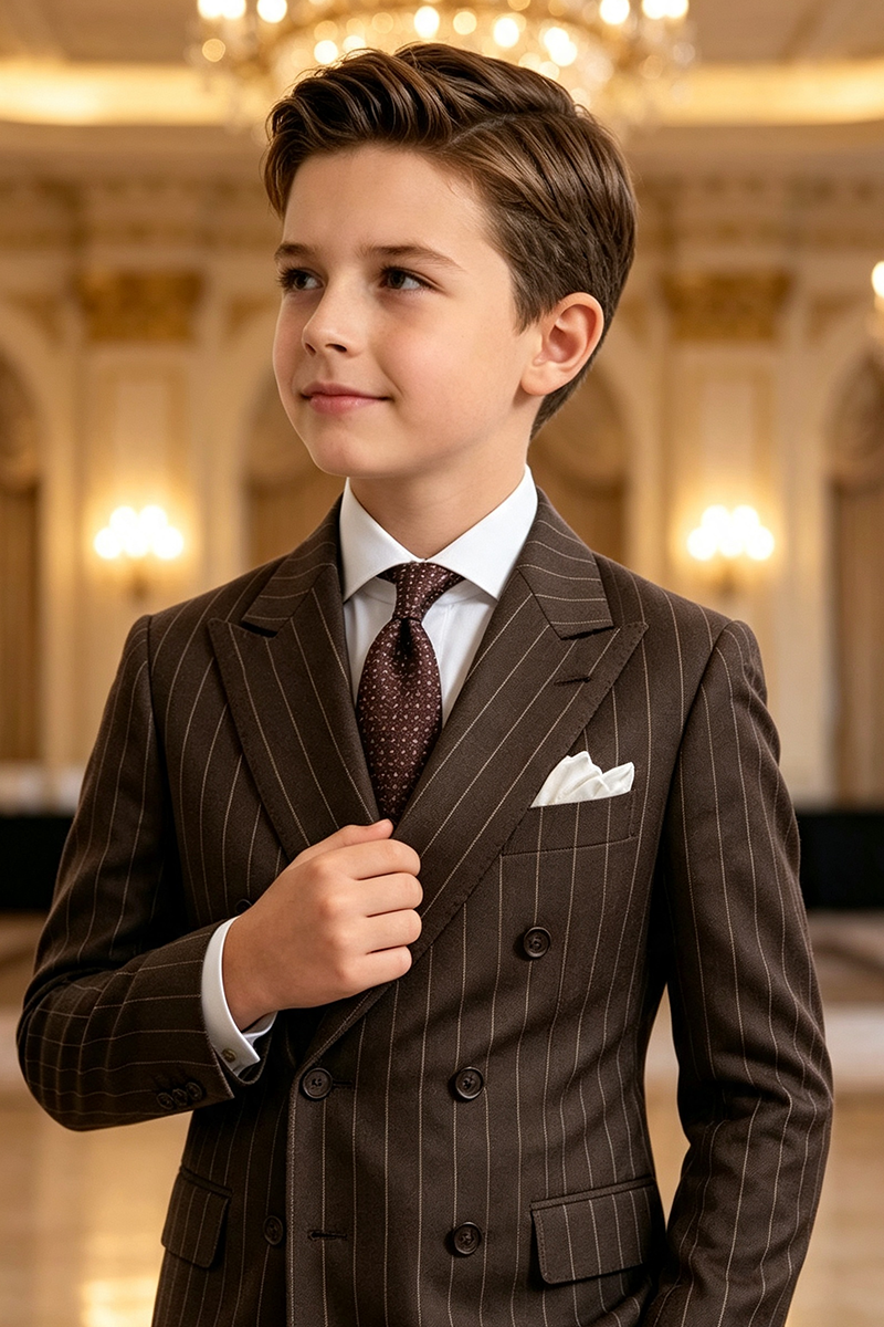 Boys Brown Pinstripe Blazer & White Trousers 2-Piece Suit for Weddings