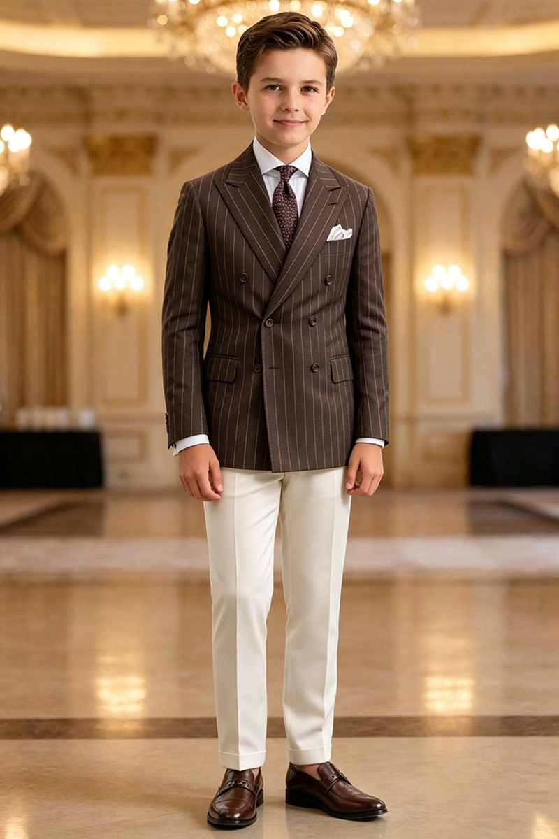Boys Brown Pinstripe Blazer & White Trousers 2-Piece Suit for Weddings