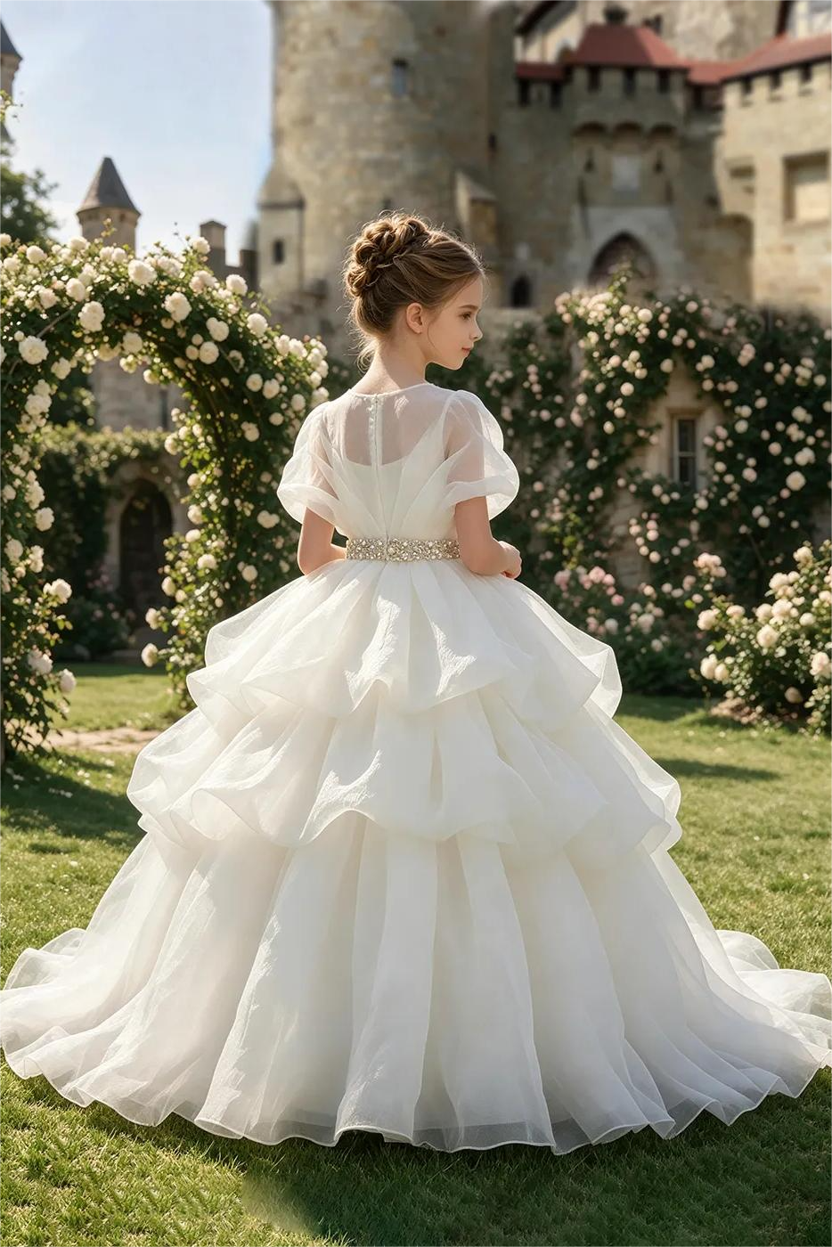 White Organza Rhinestone Waist Sash Tiered Cake Dress