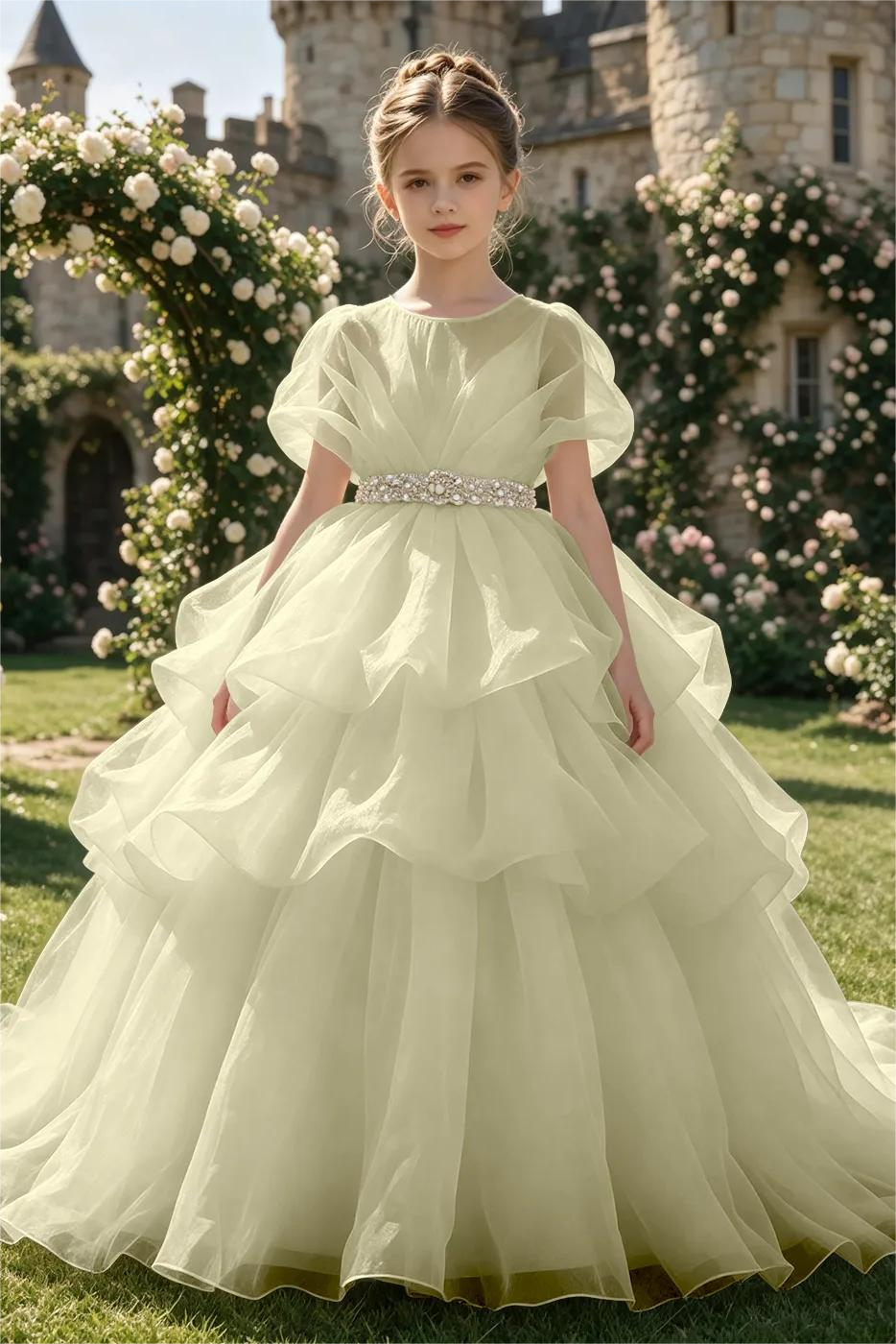 White Organza Rhinestone Waist Sash Tiered Cake Dress