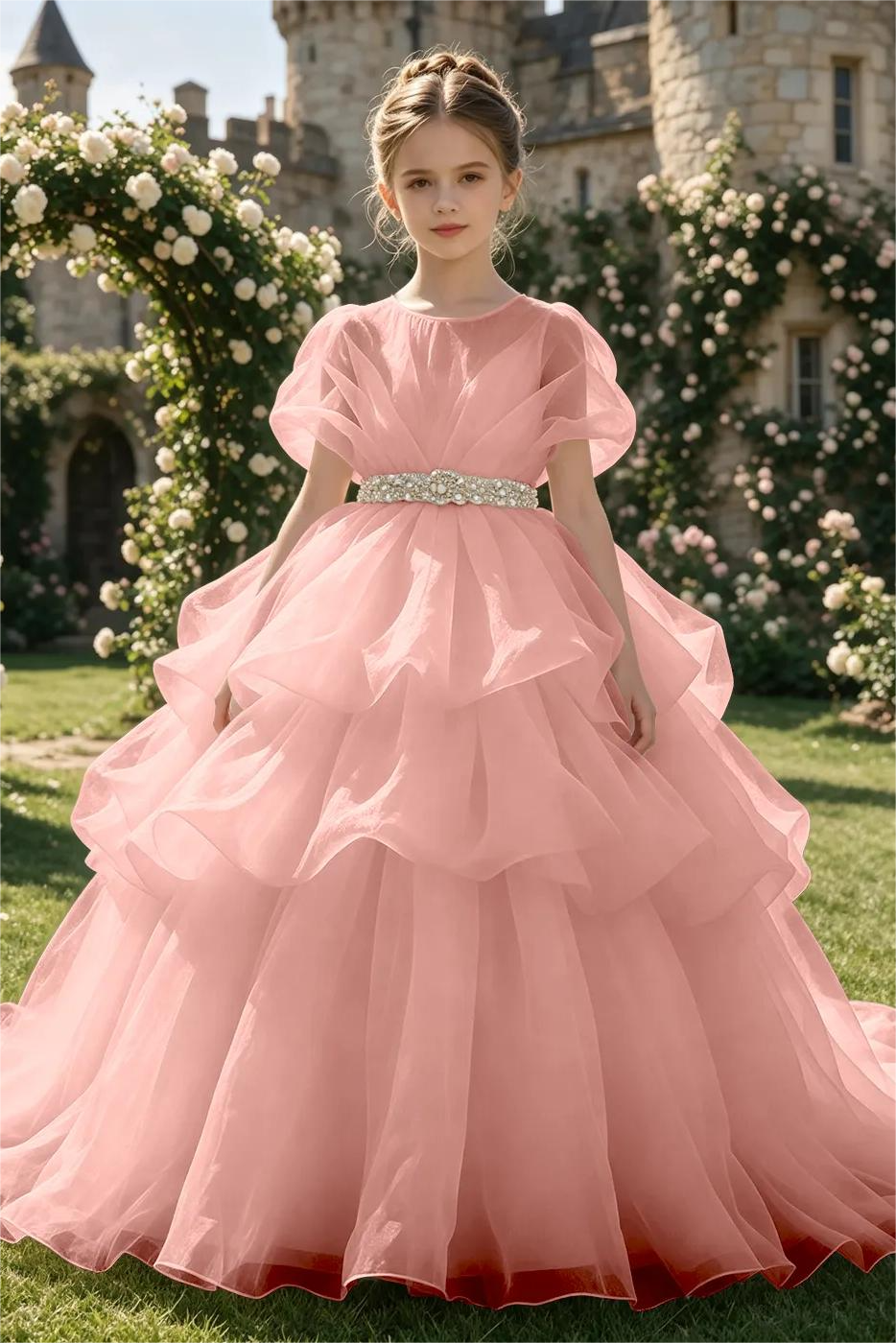 White Organza Rhinestone Waist Sash Tiered Cake Dress