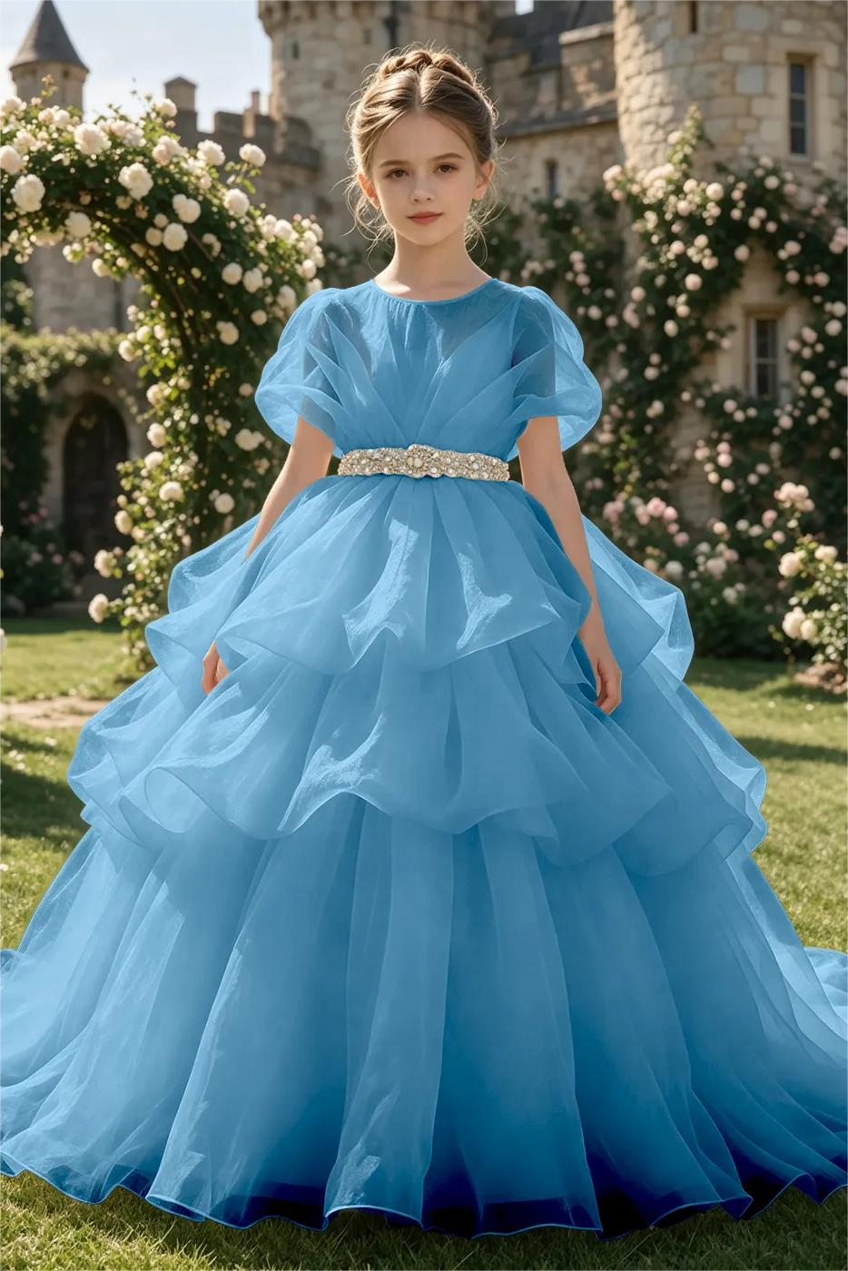 White Organza Rhinestone Waist Sash Tiered Cake Dress