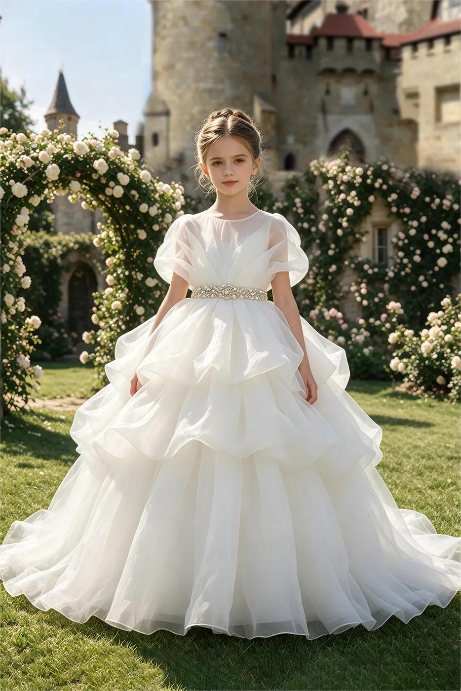 White Organza Rhinestone Waist Sash Tiered Cake Dress