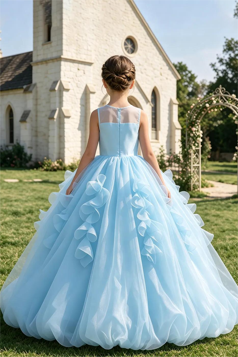 Sky‑Blue Organza Sleeveless Ruffle Bubble Hem A‑Line Formal Dress