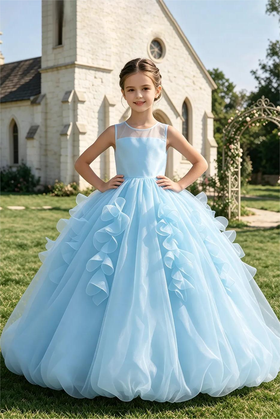 Sky‑Blue Organza Sleeveless Ruffle Bubble Hem A‑Line Formal Dress