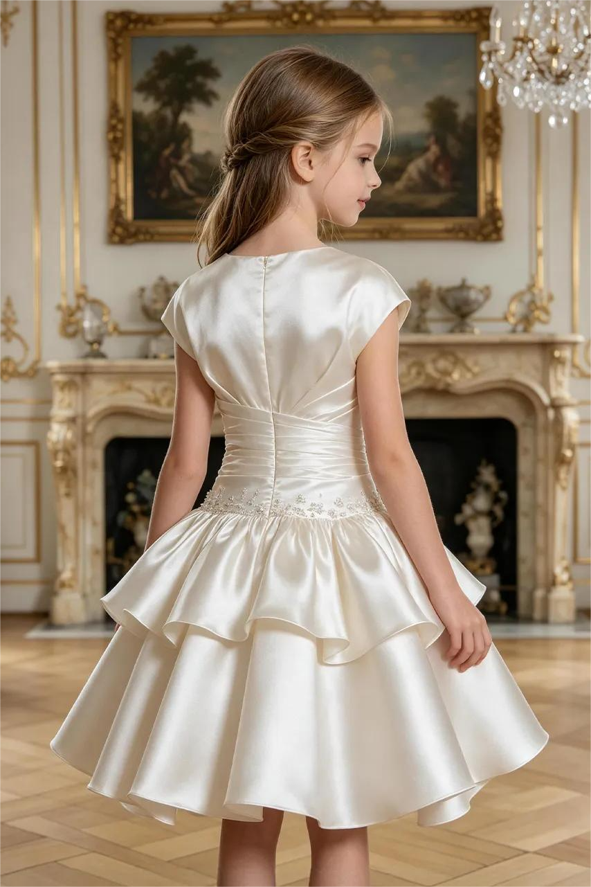 Champagne Satin Rhinestone Round Neck A‑Line Formal Dress