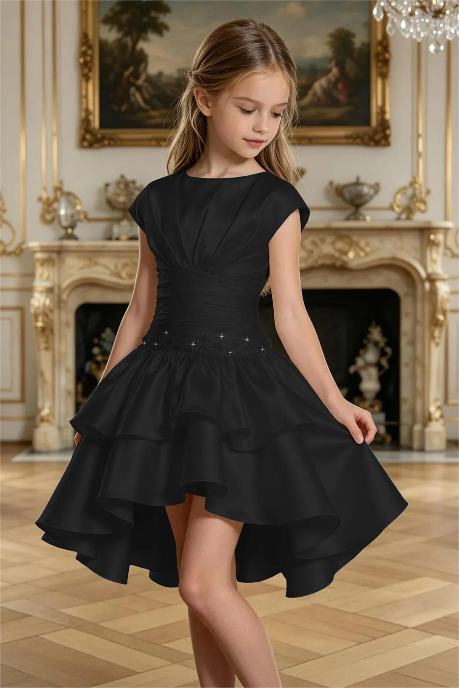 Champagne Satin Rhinestone Round Neck A‑Line Formal Dress