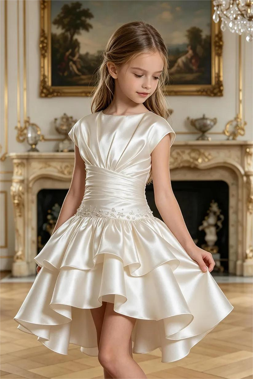 Champagne Satin Rhinestone Round Neck A‑Line Formal Dress