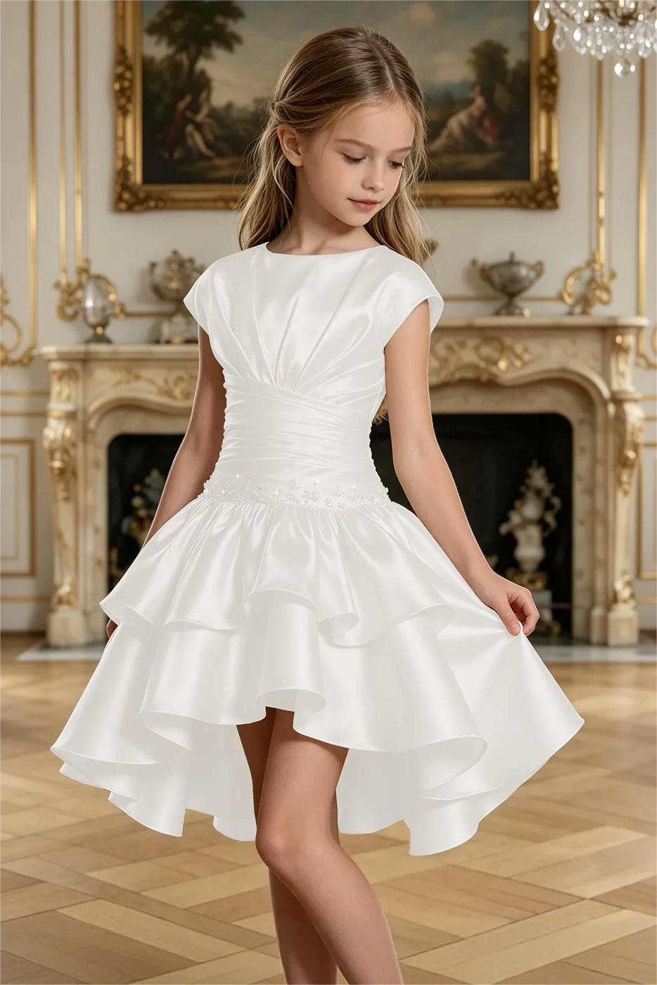 Champagne Satin Rhinestone Round Neck A‑Line Formal Dress