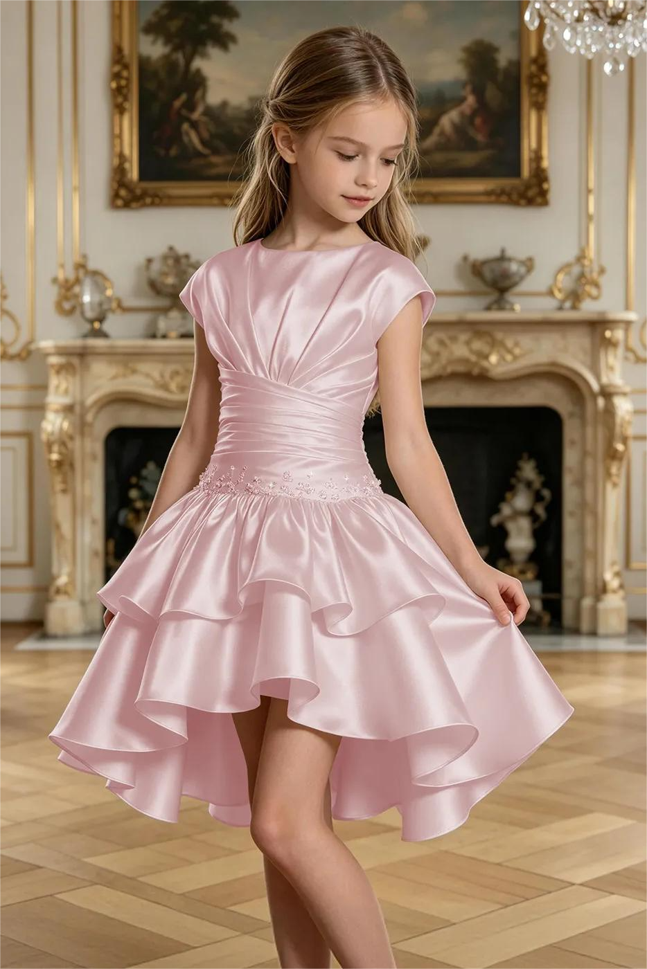 Champagne Satin Rhinestone Round Neck A‑Line Formal Dress