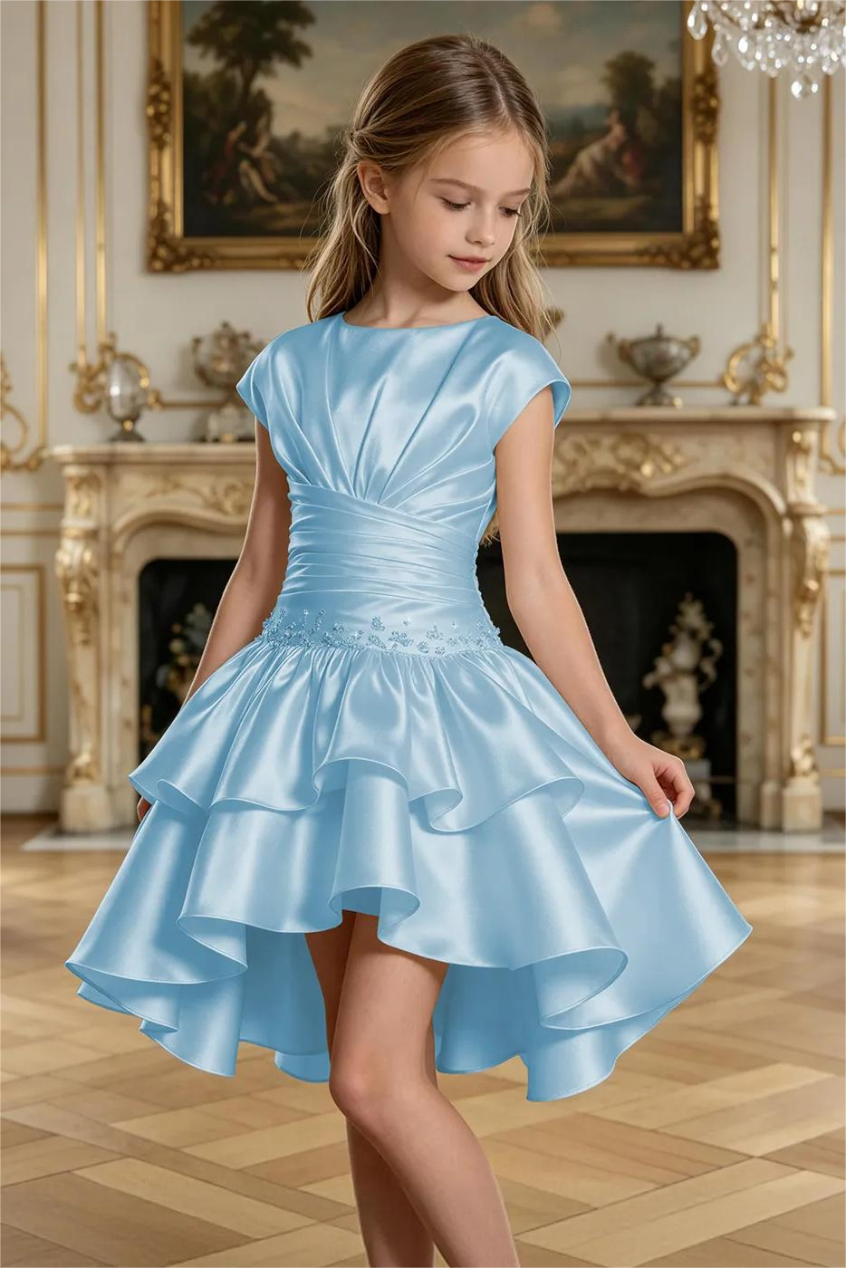 Champagne Satin Rhinestone Round Neck A‑Line Formal Dress