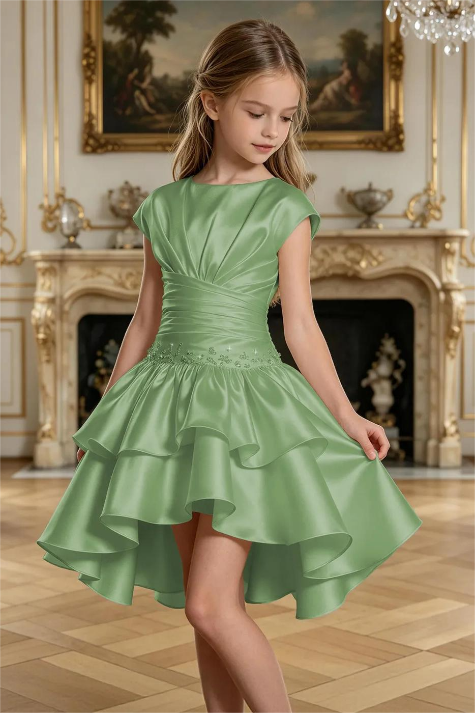 Champagne Satin Rhinestone Round Neck A‑Line Formal Dress