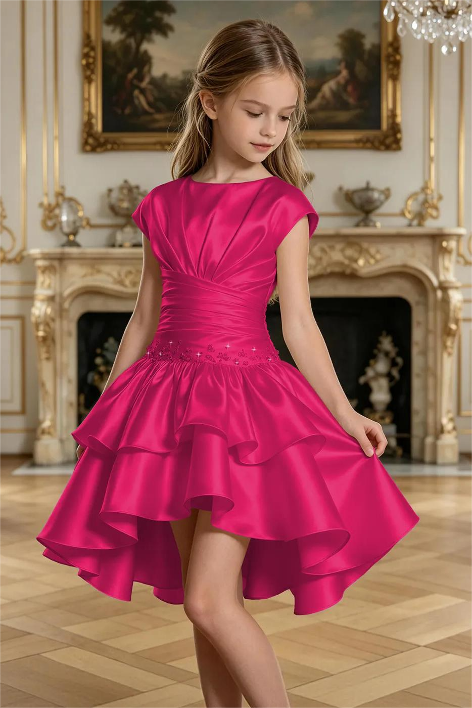 Champagne Satin Rhinestone Round Neck A‑Line Formal Dress