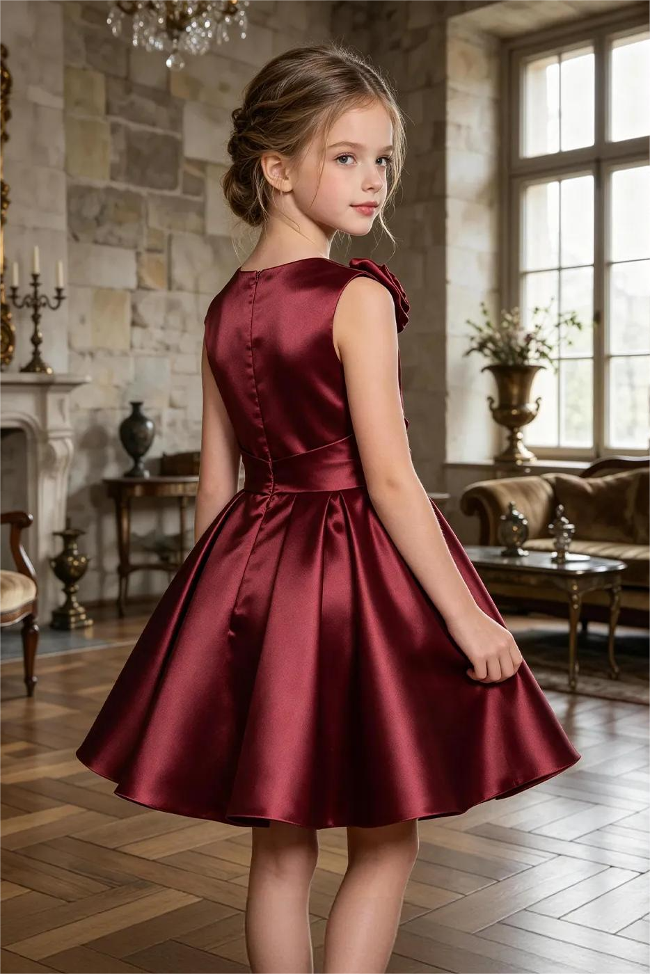 Burgundy Sleeveless Satin 3D Rose Applique A‑Line Formal Dress