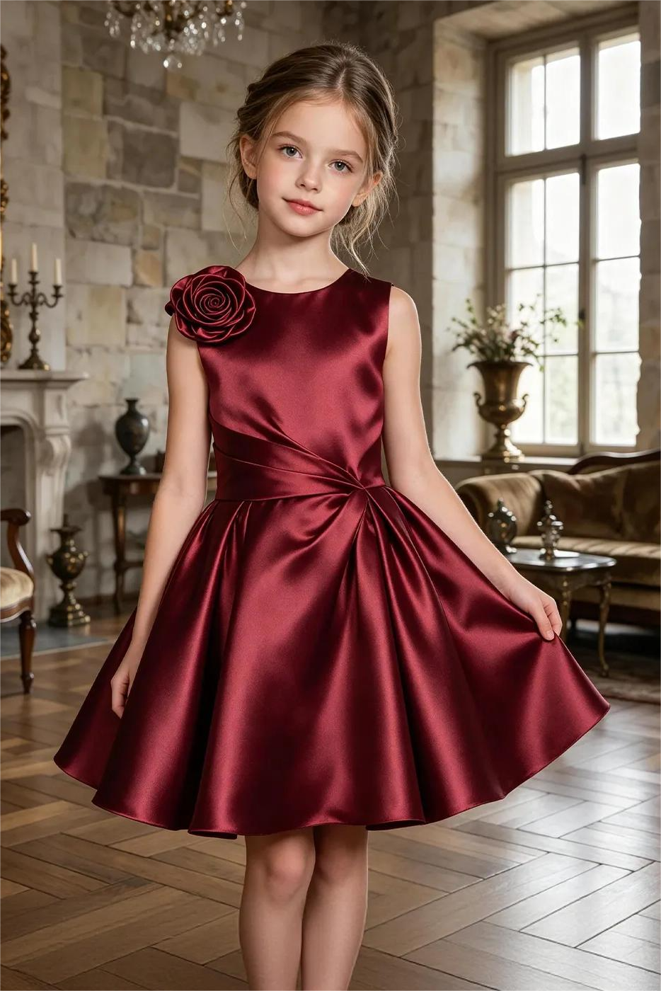 Burgundy Sleeveless Satin 3D Rose Applique A‑Line Formal Dress