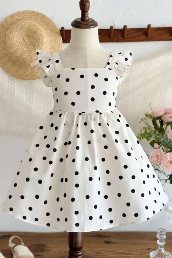 White Matte Satin Polka‑Dot Dress Ruffle Sleeve Big Bow Back A‑Line Dress
