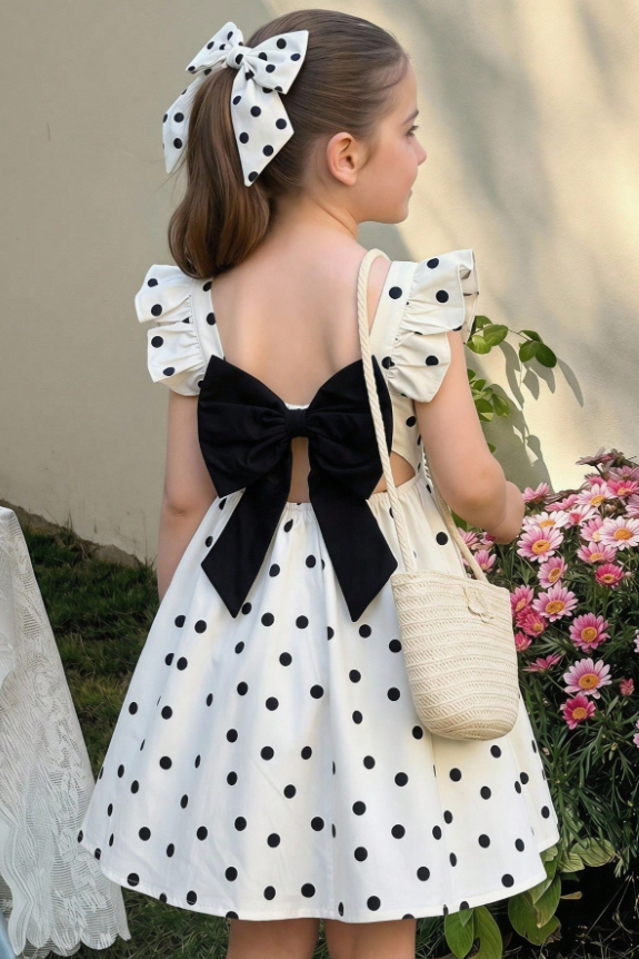 White Matte Satin Polka‑Dot Dress Ruffle Sleeve Big Bow Back A‑Line Dress