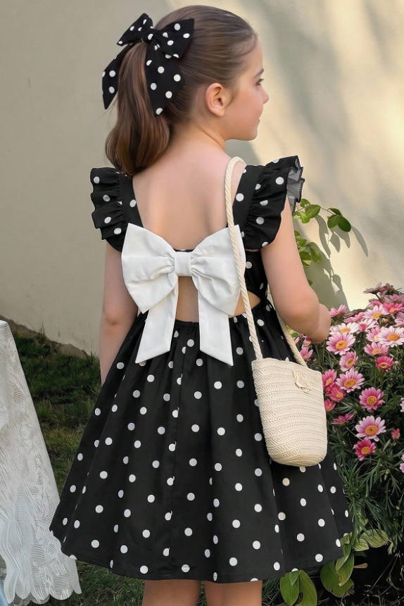 White Matte Satin Polka‑Dot Dress Ruffle Sleeve Big Bow Back A‑Line Dress