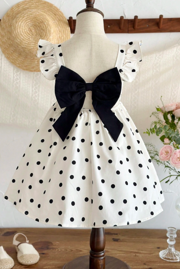 White Matte Satin Polka‑Dot Dress Ruffle Sleeve Big Bow Back A‑Line Dress