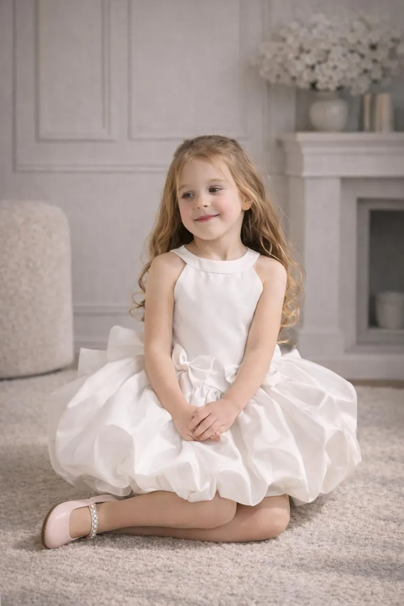 Light Pink Satin Halter Neck Bubble Dress Big Back Bow Formal Party Dress