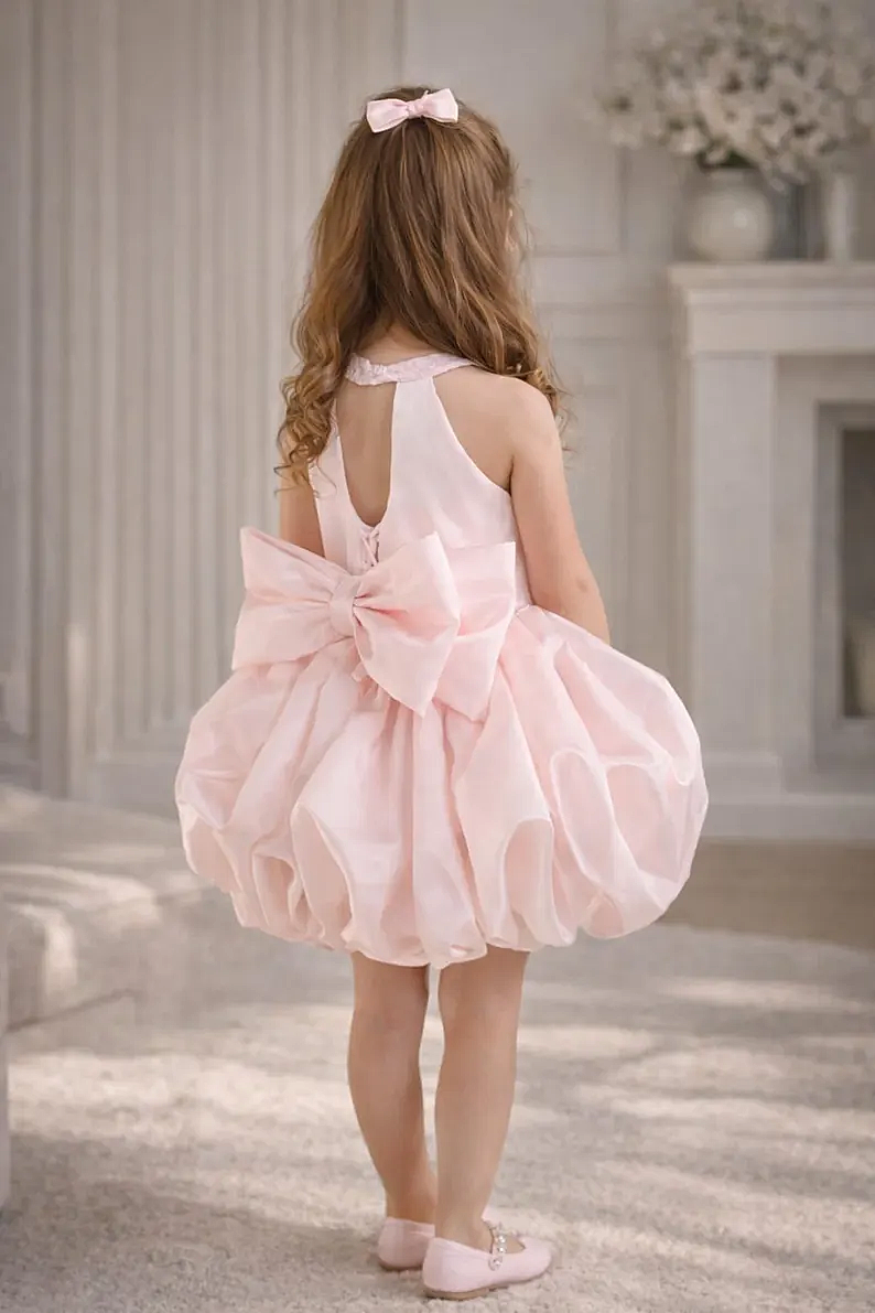 Light Pink Satin Halter Neck Bubble Dress Big Back Bow Formal Party Dress