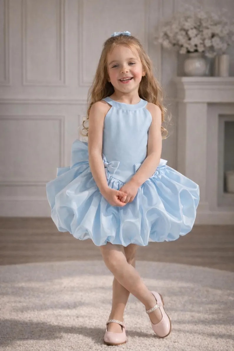 Light Pink Satin Halter Neck Bubble Dress Big Back Bow Formal Party Dress