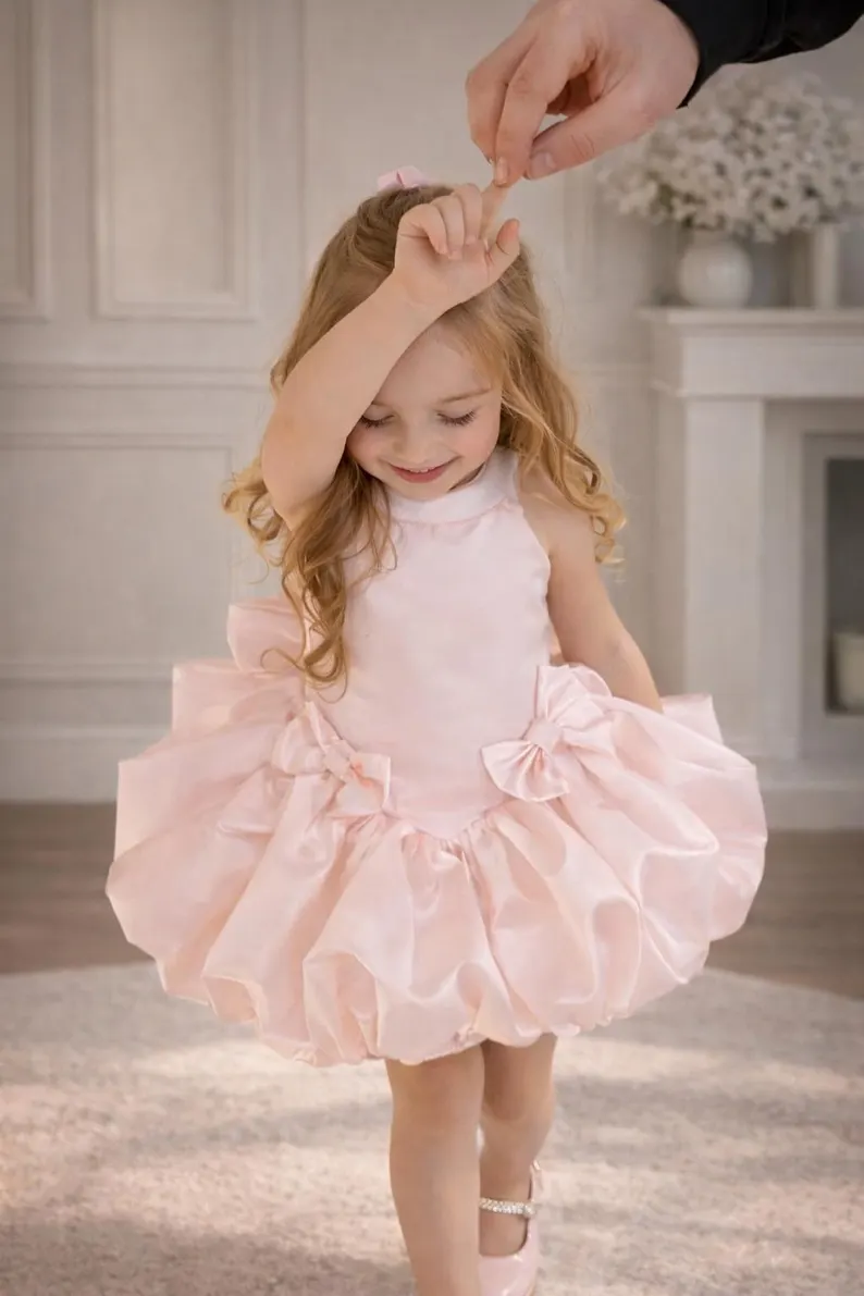 Light Pink Satin Halter Neck Bubble Dress Big Back Bow Formal Party Dress
