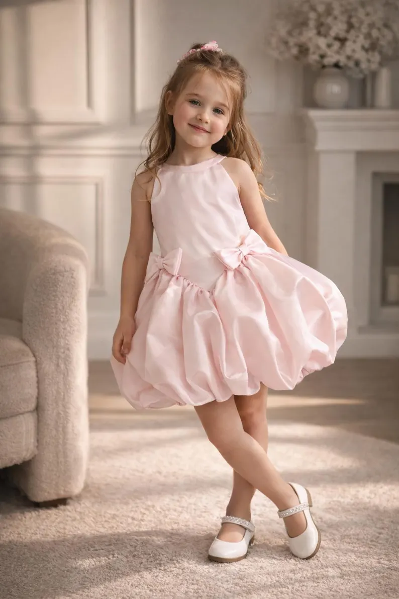 Light Pink Satin Halter Neck Bubble Dress Big Back Bow Formal Party Dress