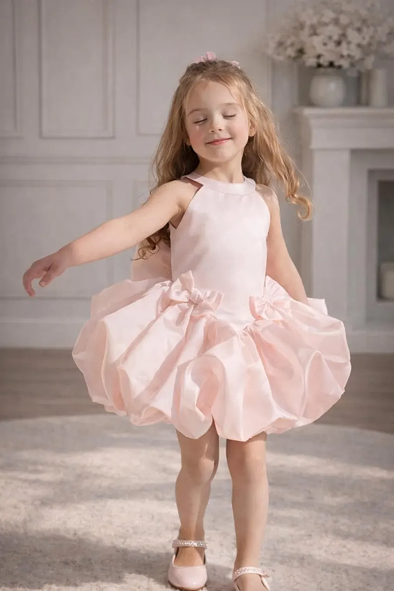 Light Pink Satin Halter Neck Bubble Dress Big Back Bow Formal Party Dress