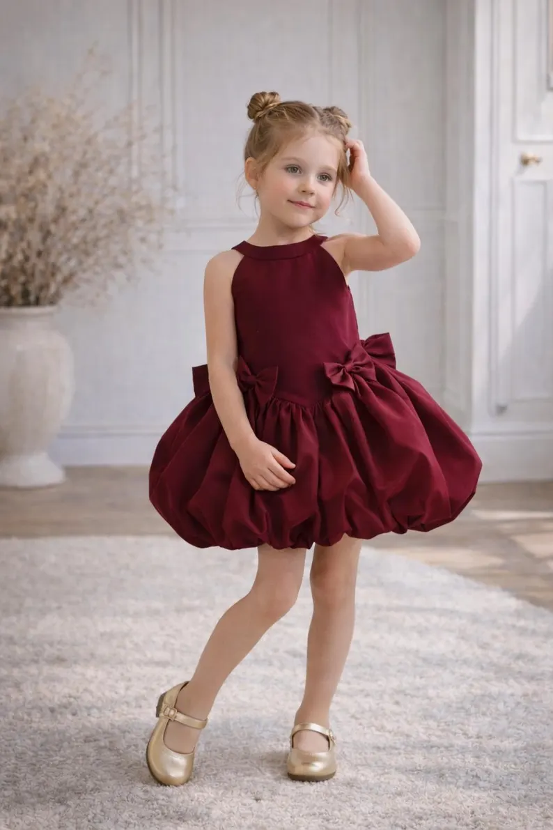 Light Pink Satin Halter Neck Bubble Dress Big Back Bow Formal Party Dress