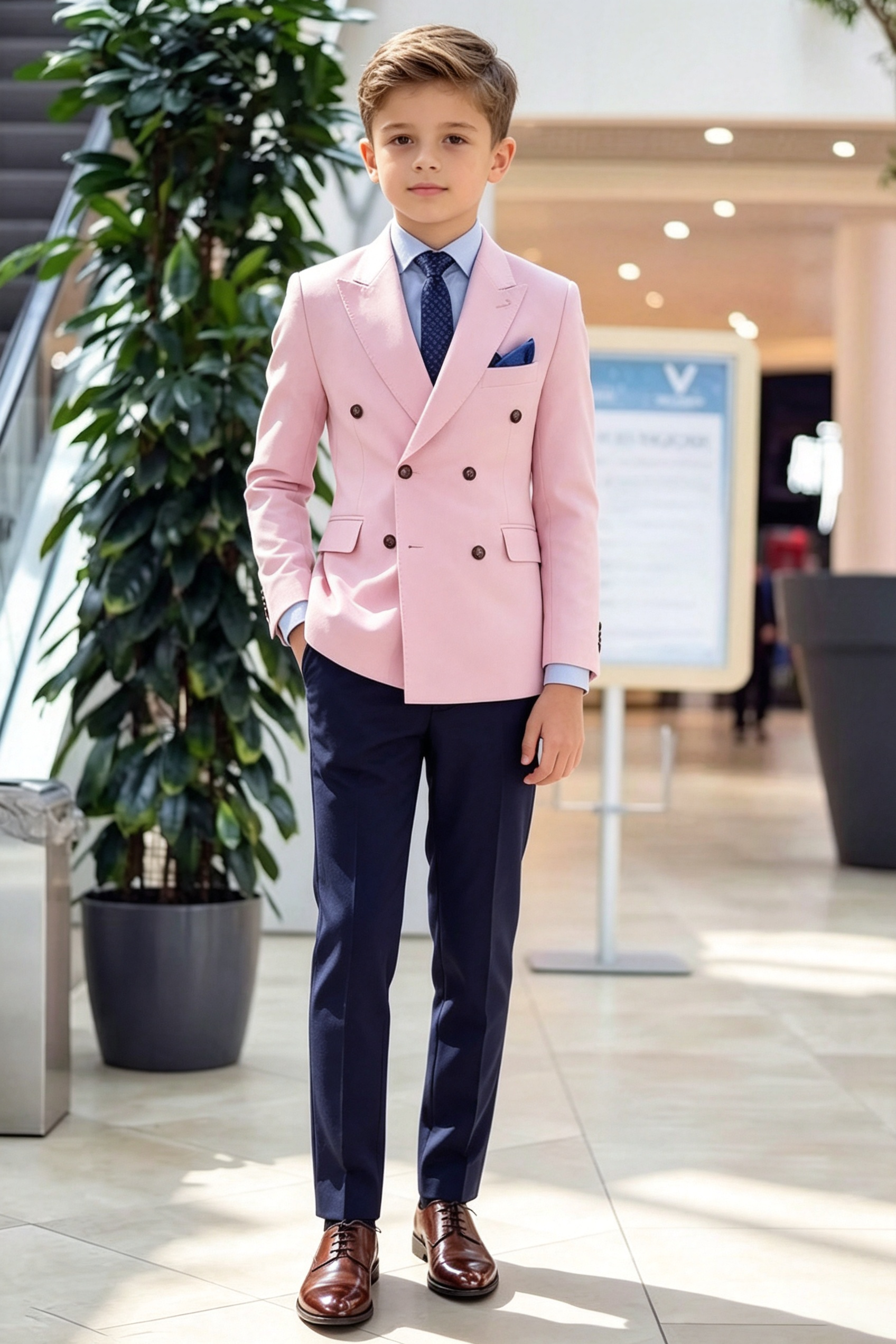 Light Pink & Navy Serge?Blend Double?Breasted 2?Piece Suit
