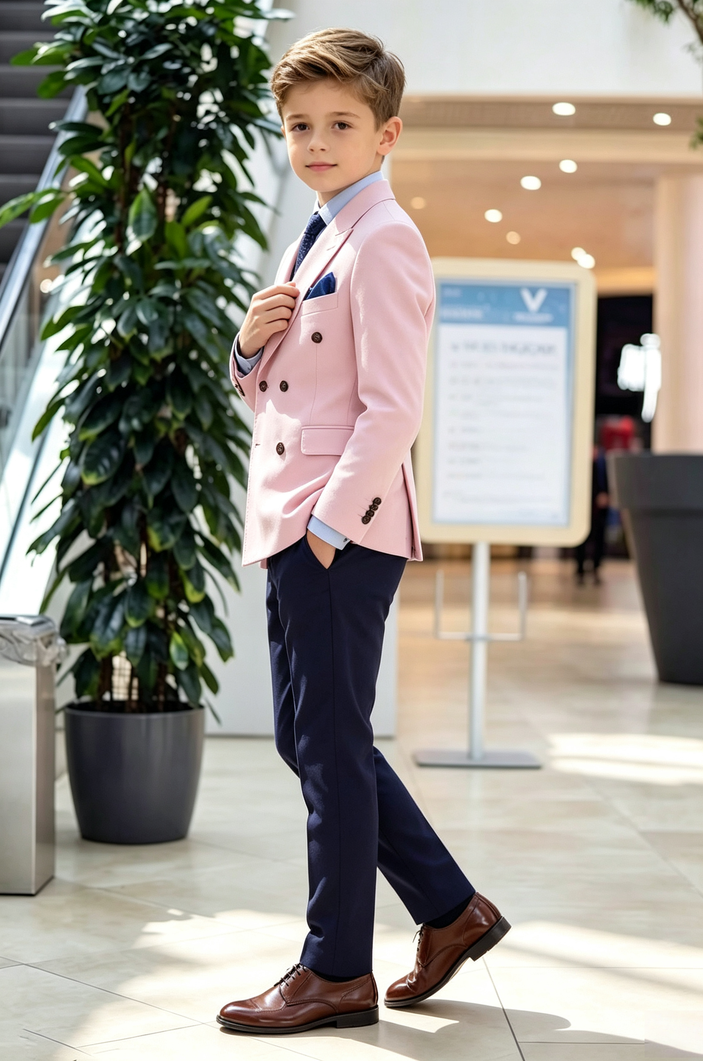 Light Pink & Navy Serge?Blend Double?Breasted 2?Piece Suit