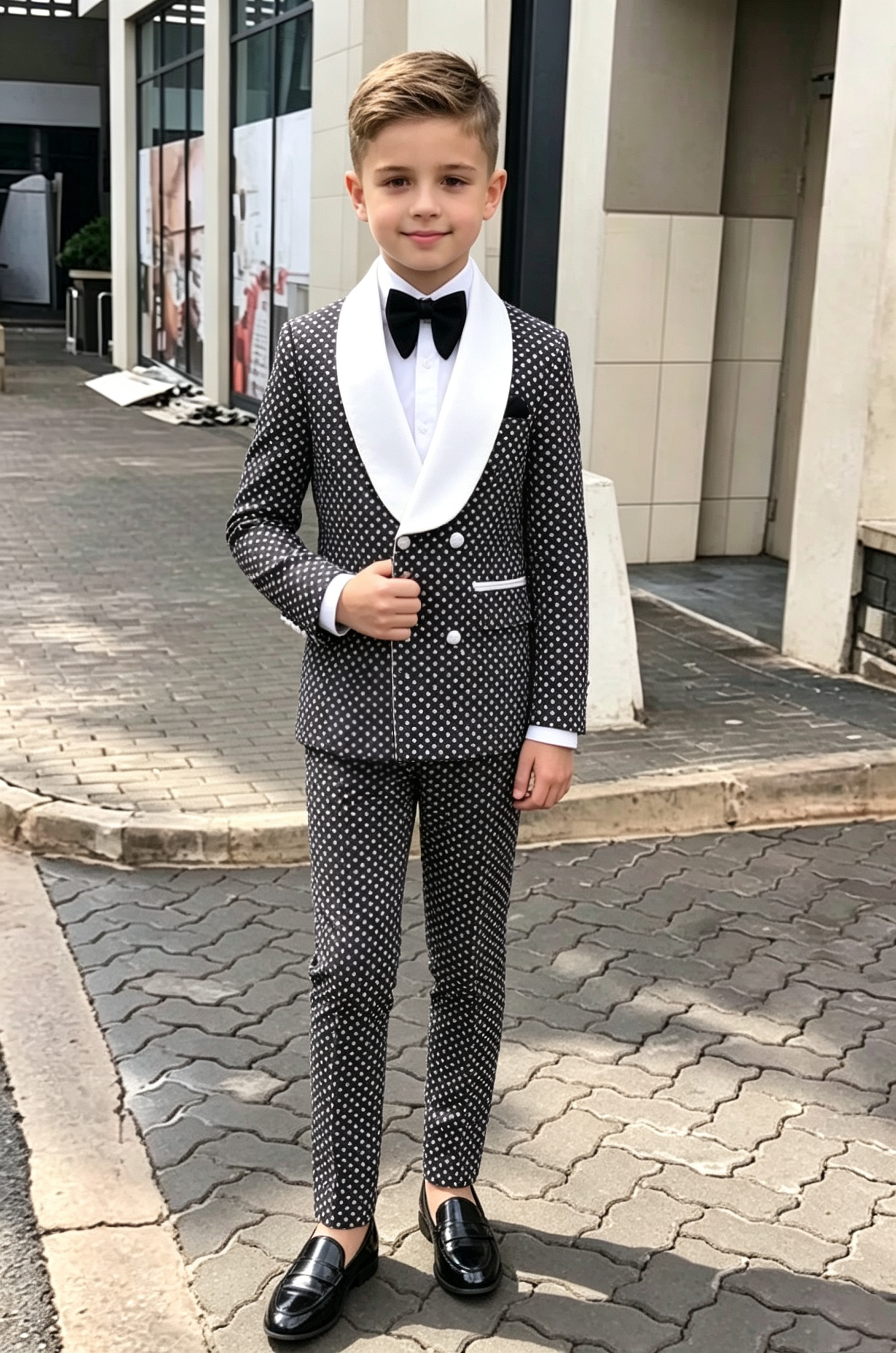 Black Serge?Blend White Polka?Dot Double?Breasted 2?Piece Suit